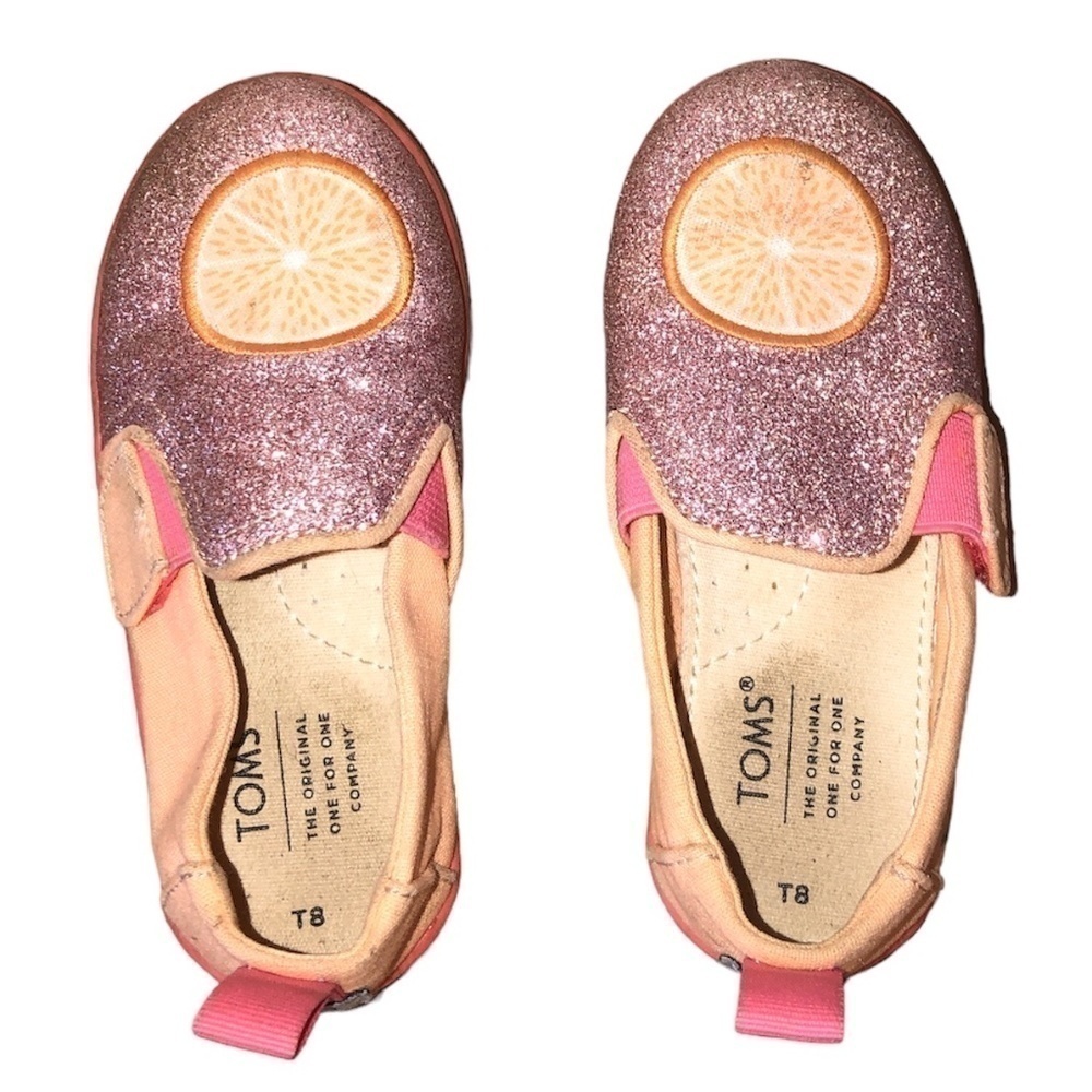 TOMS Iridescent Alpargata Sneakers Toddler Size T8 Pink Slip On Orange Slice